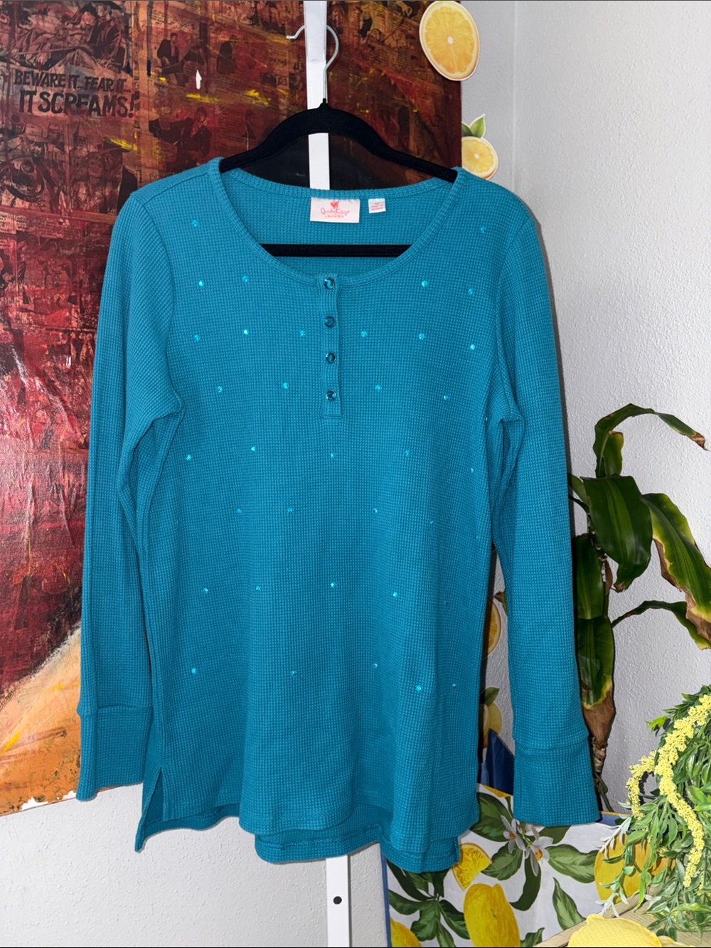 Quacker Factory Teal Waffle Knit Henley with Stud Accents Size M Oversized